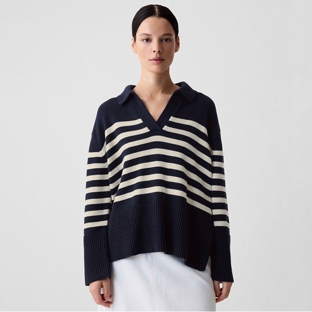 GAP | 24/7 Split Hem Polo Sweater Navy White Striped Cotton Knit Size M